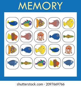 Memory game for children. The set includes cards with   cute fishes . Cut and look for paired pictures