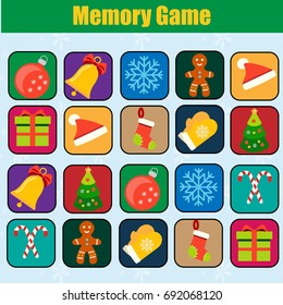 Memory game, Christmas, new year winter holidays theme. Find pairs of same objects. Educational children game, kids activity.