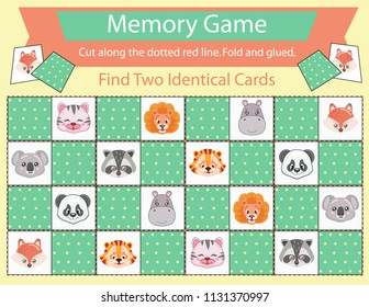 Memory game with cute animals characters. Children board game. Cut and fold and glued cards. Find two identical picture. Kids activity page for book. Vector illustration.