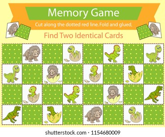 Memory game with cute cartoon dinosaurs. Children board game. Cut and fold and glued cards. Find two identical picture characters. Kids activity page for book. Vector illustration.