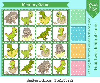 Memory game with cute set cartoon dinosaurs. Children board game. Cut and fold and glued cards. Find two identical picture characters. Kids activity page for book. Vector illustration.