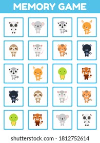 Memory game with cute set cartoon animals. Cards game find two two identical pictures. Kids activity page for book. Education developing worksheet. Logical thinking training. Vector stock illustration