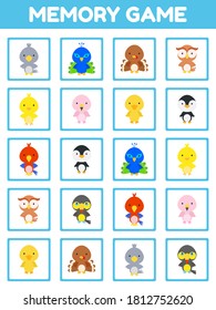Memory game with cute set cartoon birds. Cards game find two two identical pictures. Kids activity page for book. Education developing worksheet. Logical thinking training. Vector stock illustration