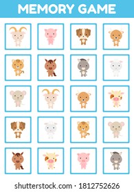 Memory game with cute set cartoon animals. Cards game find two two identical pictures. Kids activity page for book. Education developing worksheet. Logical thinking training. Vector stock illustration