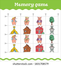 Juego de memoria Juegos educativos con tres cerdos pequeños. Hoja de trabajo de preescolar o jardín de infancia. Ilustración del vector