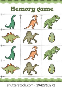 Memory game. Educational game for children. DInosaurs Cartoon vector illustration.