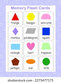 Formas de geometría de juegos de memoria de diferentes colores, tarjetas flash imprimibles de aprendizaje de vocabulario inglés, hoja de cálculo de temas educativos para niños, jardín de infancia, actividades de ocio preescolares, recursos docentes