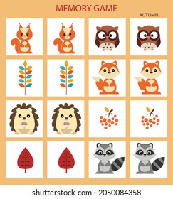 Memory game for kids, autumn forest animals.