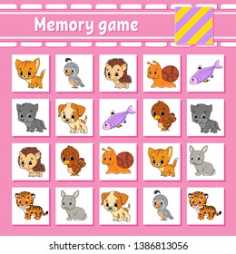 Memory game for kids. Education developing worksheet. Activity page with pictures. Puzzle game for children. Logical thinking training. Isolated vector illustration. Funny character. Cartoon style