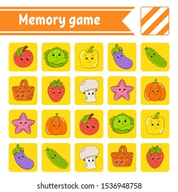 Memory game for kids. Education developing worksheet. Activity page with pictures. Puzzle game for children. Logical thinking training. Isolated vector illustration. Funny character. Cartoon style.