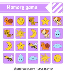 Memory game for kids. Education developing worksheet. Activity page with pictures. Puzzle game for children. Logical thinking training. Isolated vector illustration. Funny character. Cartoon style.
