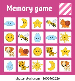 Memory game for kids. Education developing worksheet. Activity page with pictures. Puzzle game for children. Logical thinking training. Isolated vector illustration. Funny character. Cartoon style.