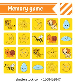 Memory game for kids. Education developing worksheet. Activity page with pictures. Puzzle game for children. Logical thinking training. Isolated vector illustration. Funny character. Cartoon style.