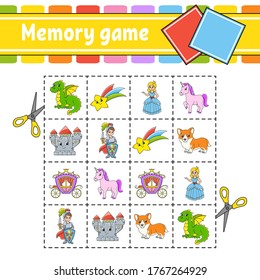 Memory game for kids. Education developing worksheet. Activity page with pictures. Puzzle game for children. Logical thinking training. Isolated vector illustration. Funny character. Cartoon style.