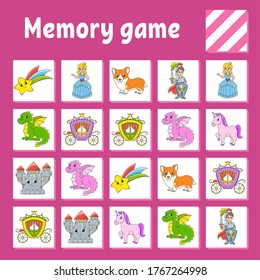 Memory game for kids. Education developing worksheet. Activity page with pictures. Puzzle game for children. Logical thinking training. Isolated vector illustration. Funny character. Cartoon style.