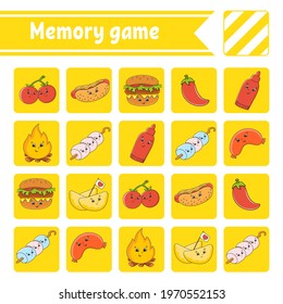 Memory game for kids. Education developing worksheet. Activity page with pictures. Puzzle game for children. Logical thinking training. Isolated vector illustration. Funny character. Cartoon style.