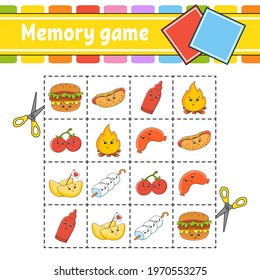 Memory game for kids. Education developing worksheet. Activity page with pictures. Puzzle game for children. Logical thinking training. Isolated vector illustration. Funny character. Cartoon style.