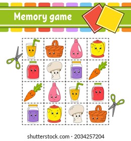 Memory game for kids. Education developing worksheet. Activity page with pictures. Puzzle game for children. Logical thinking training. Isolated vector illustration. Funny character. Coon style.