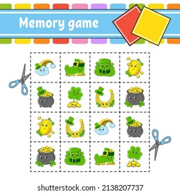 Memory game for kids. Education developing worksheet. Activity page with pictures. St. Patrick's day. Logical thinking training. Isolated vector illustration. Funny character. cartoon style.