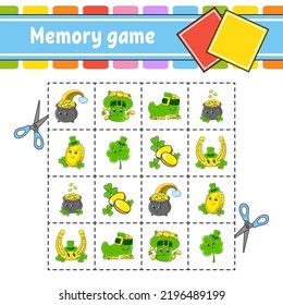 Juego de memoria para niños. Educación desarrollando hoja de trabajo. Actividad con imágenes. Juego de rompecabezas para los niños. Formación de pensamiento lógico. Carácter gracioso. estilo de dibujos animados. Ilustración vectorial.