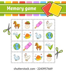 Memory game for kids. Education developing worksheet. Activity page with pictures. Puzzle game for children. Logical thinking training. Funny character. cartoon style. Vector illustration.
