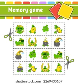 Memory game for kids. Education developing worksheet. Activity page with pictures. Puzzle game for children. Logical thinking training. Funny character. cartoon style. Vector illustration.