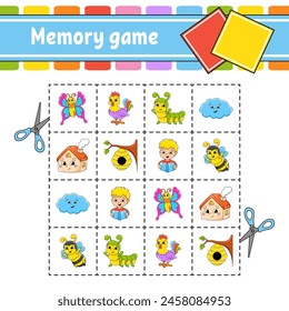 Memory game for kids. Education developing worksheet. Activity page with pictures. Puzzle game for children. Logical thinking training. Funny character. cartoon style. Vector illustration.
