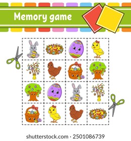Juego de memoria para niños. Educación para desarrollar la hoja de trabajo. Página de actividad con imágenes. Juego de rompecabezas para niños. Entrenamiento de pensamiento lógico. Divertido personaje. caricatura . Ilustración vectorial.