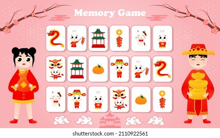 Memory game for kids with lunar new year elements concept, printable worksheet for kid is cartoon style, girl with lucky bag and boy with ingots on pink background