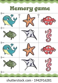 Gedächtnisspiel. Meerestiere: Seesterne, Krabbe, Fische, Seepferdchen, Stechfisch, Walerziehung für Kinder. Cartoon, Vektorgrafik.