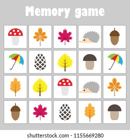 Memory game with pictures (autumn theme) for children, fun education game for kids, preschool activity, task for the development of logical thinking, vector illustration