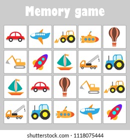 Memory game with pictures (different transport) for children, fun education game for kids, preschool activity, task for the development of logical thinking, vector illustration