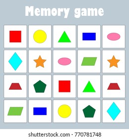 Memory game with pictures (geometric shapes) for children, fun education game for kids, preschool  activity, task for the development of logical thinking, vector illustration