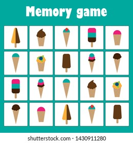 Memory game with pictures - ice creams theme for children, xmas fun education game for kids, preschool activity, task for the development of logical thinking, vector illustration