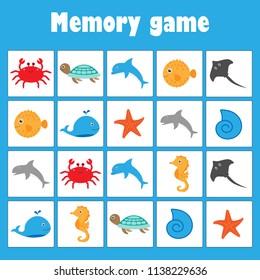 Memory game with pictures (ocean animals) for children, fun education game for kids, preschool activity, task for the development of logical thinking, vector illustration