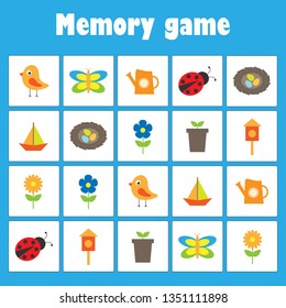 Memory game with pictures - spring and garden theme for children, xmas fun education game for kids, preschool activity, task for the development of logical thinking, vector illustration