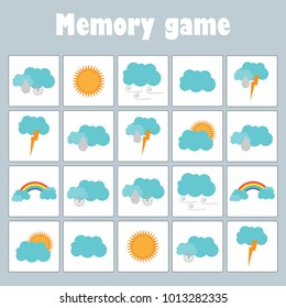 Juego de memoria con imágenes (tema del tiempo) para niños, juego de educación divertida para niños, actividad preescolar, tarea para el desarrollo del pensamiento lógico, ilustración vectorial
