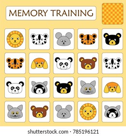 Memory game for preschool children. Set of paired cards for the development and training of children's memory. Cards with heads of animals on white background. Vector illustration