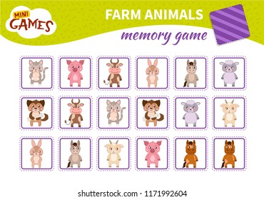 Memory game for preschool children, vector cards with farm animals. Find two identical picture. Kids activity page for book. 