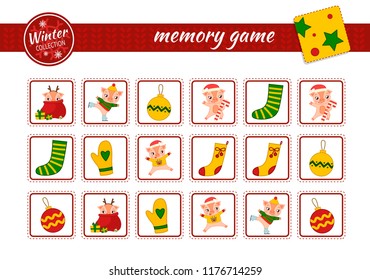 Memory game for preschool children, vector cards with Cartoon Christmas elements - knitted socks and mittens, cute pigs, Christmas balls
 Find two identical picture. Kids activity page for book. 