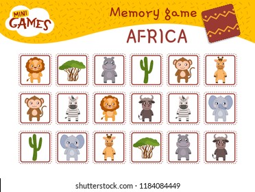 Memory game for preschool children, vector cards with african animals and plants. Find two identical picture. Kids activity page for book. 