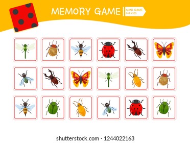 Memory game for preschool children, vector cards with  cartoon insects. Find two identical picture. Kids activity page for book. 