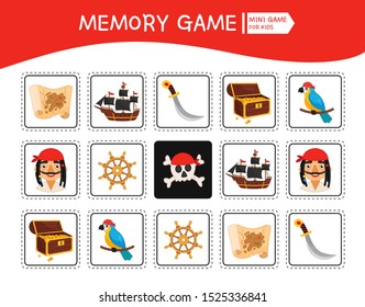 Memory game for preschool children, vector cards with pirate accessories. Find two identical picture. Kids activity page for book. 