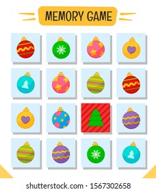 Memory game for preschool children, vector cards with cartoon christmas ball. Find two identical picture. Kids activity page for book. 