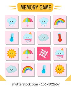 Memory game for preschool children, vector cards with weather conditions. Find two identical picture. Kids activity page for book. 