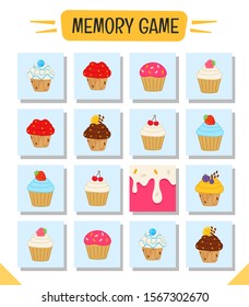 Memory game for preschool children, vector cards with cartoon cakes. Find two identical picture. Kids activity page for book. 