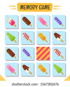 Memory game for preschool children, vector cards with cute ice creams. Find two identical picture. Kids activity page for book. 