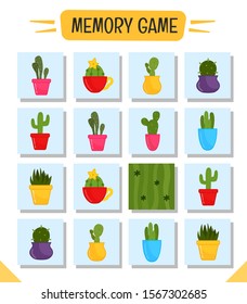 Memory game for preschool children, vector cards with potted cacti. Find two identical picture. Kids activity page for book. 