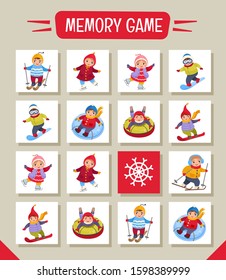 Memory game for preschool children, vector cards with cute child. Find two identical picture. Kids activity page for book. 