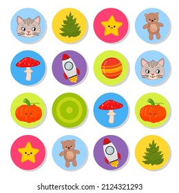 Memory game for preschool children, vector cards. Find two identical picture. Kids activity page for book. 